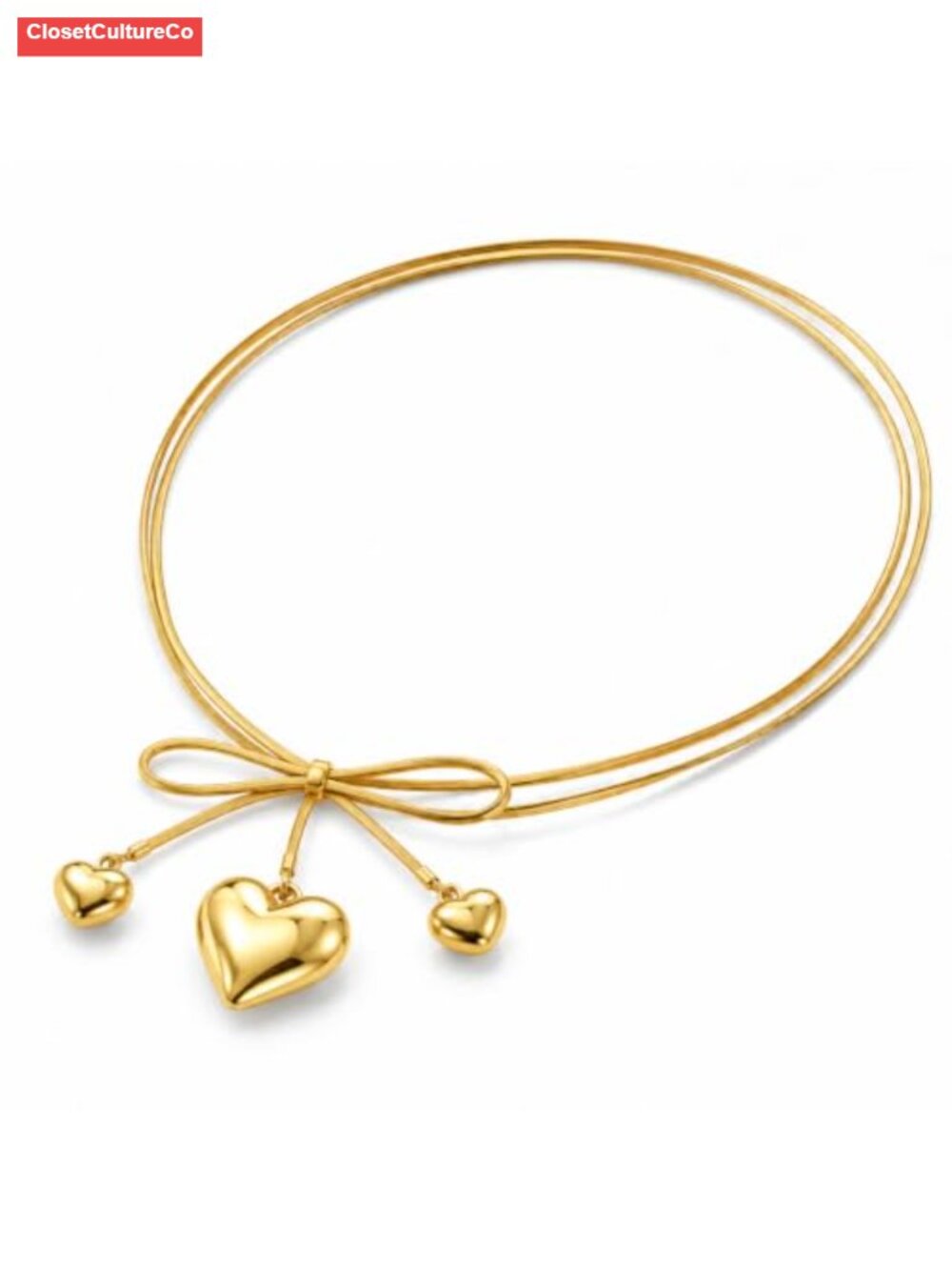 Gold Plated 3D Heart Pendant Necklace, Adjustable Cord Choker with Bow Detail